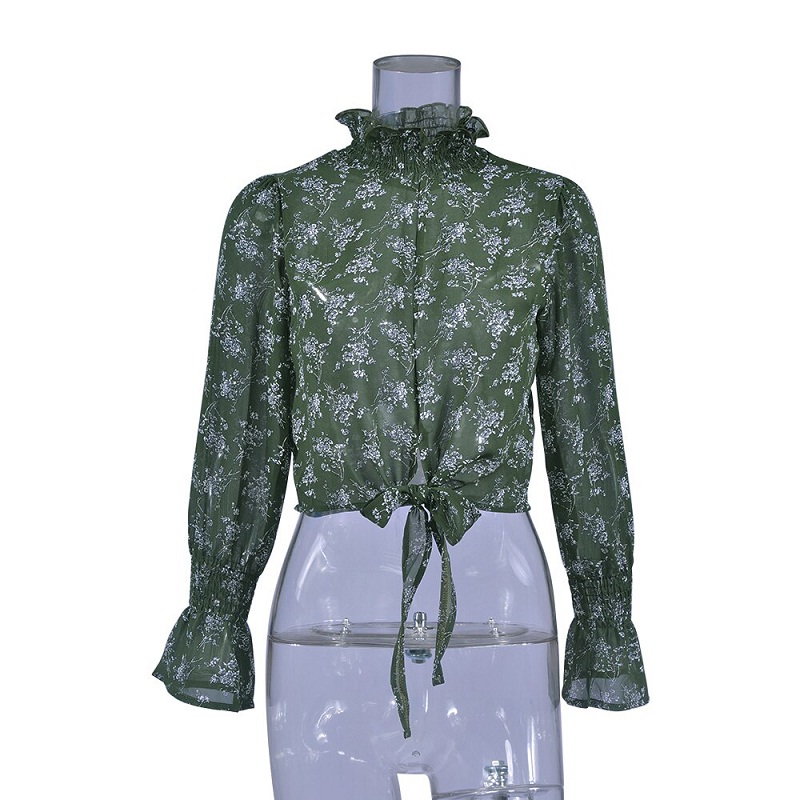 Floral Print Turtleneck Transparent Chiffon Blouse - Image 10