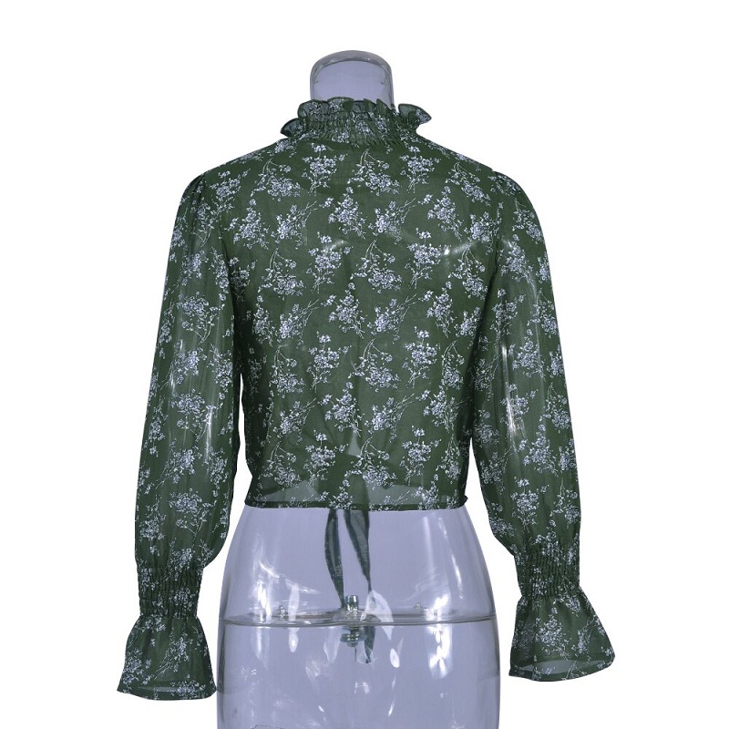 Floral Print Turtleneck Transparent Chiffon Blouse - Image 12
