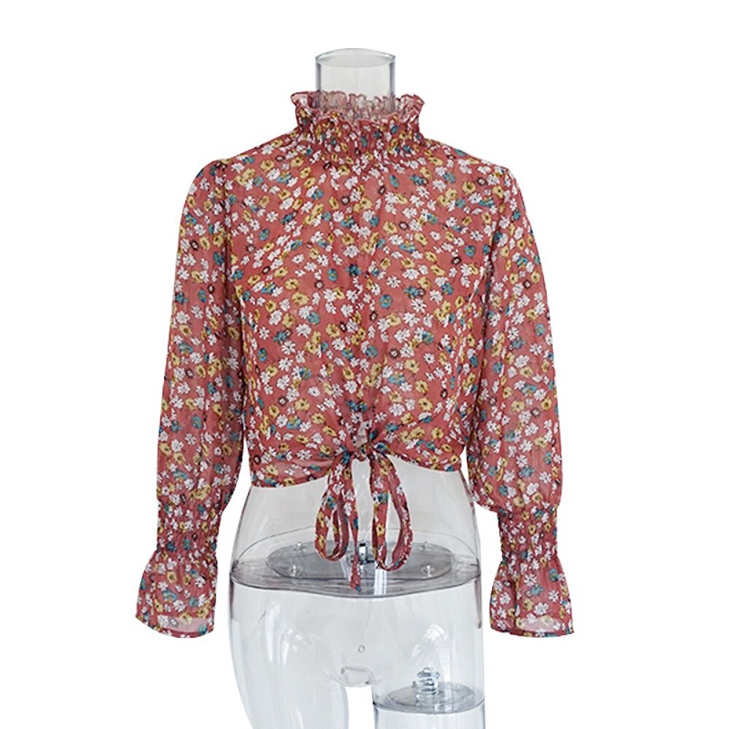 Floral Print Turtleneck Transparent Chiffon Blouse - Image 11