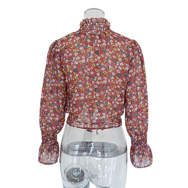 Floral Print Turtleneck Transparent Chiffon Blouse - Image 13