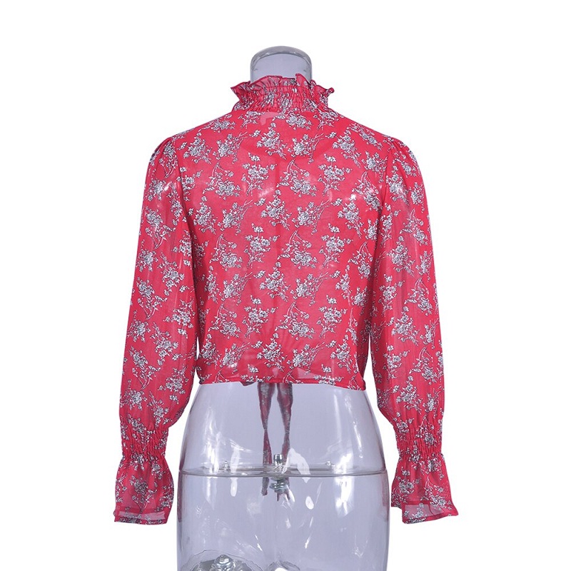 Floral Print Turtleneck Transparent Chiffon Blouse - Image 15