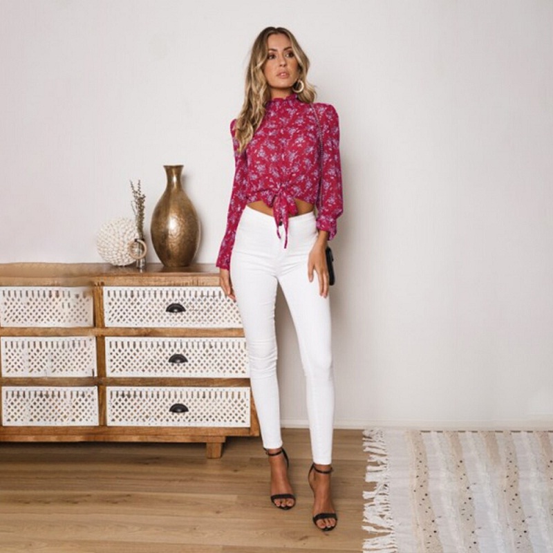 Floral Print Turtleneck Transparent Chiffon Blouse - Image 5