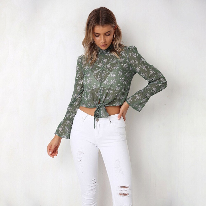 Floral Print Turtleneck Transparent Chiffon Blouse - Image 8
