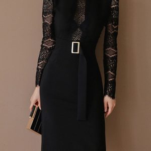 Long Sleeves Lace Classic Jewel Neck Layered Slim Fit Sheath Bodycon Dress