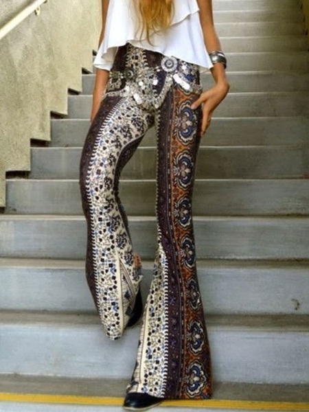 Pants Polyester Raised Waist Floral Print Trousers