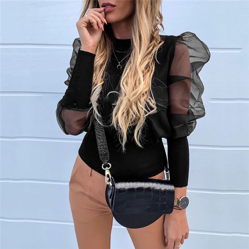 Sexy Transparent Lace Puff Sleeve Solid Mesh Sheer Blouse - Image 2