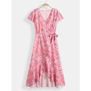 Bohemian Floral Print V-neck Drawstring Waist Short Sleeve Maxi Dress