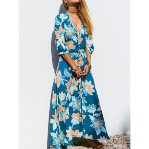 Bohemian Floral Print V-neck Waist Tie Beach Holiday Long Maxi Dress