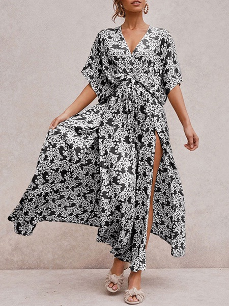 Boho Maxi Dress V Neck Short Sleeves Split Beach Dress - Image 2