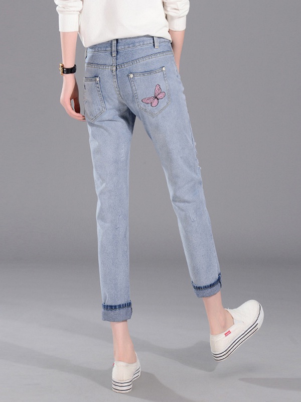 Butterfly Embroidered Hole Harem Jeans - TD Mercado