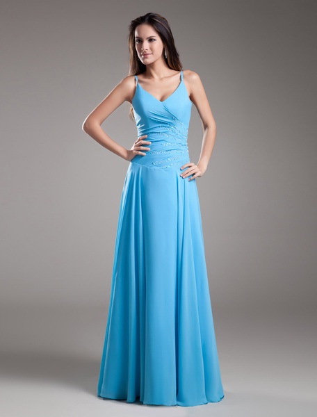 Chiffon Evening Dress V Neck Occasion Dress Spaghetti Strap Beading ...