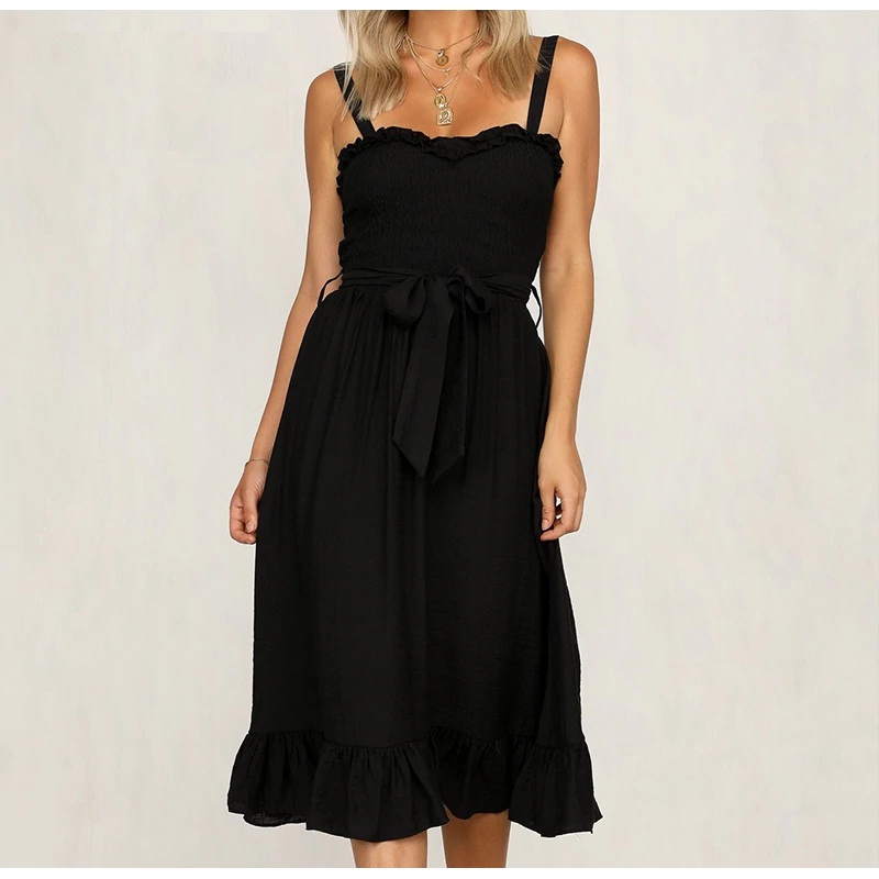 Elegant Spaghetti Strap High Waist Sashes Midi Dress - TD Mercado