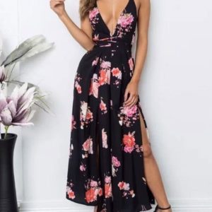 Floral Print V Neck Sleeveless Lace Up Backless Spaghetti Straps Polyester Jumpsuits