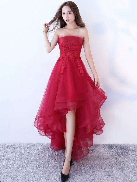 Strapless Applique A Line High Low Tulle Asymmetrical Prom Dresses - TD ...
