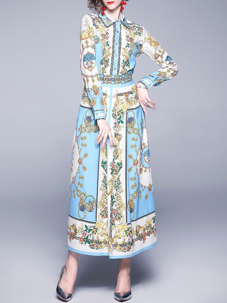 Maxi Dresses Long Sleeves Printed Turndown Collar Buttons Maxi High Low Design Polyester Floor Length Dress