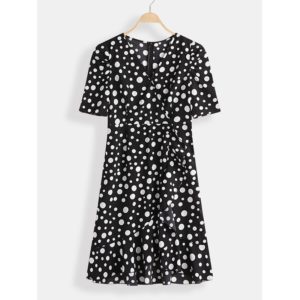 Polka Dot Print V-neck High Low Hem Dress