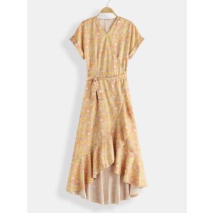 Short Sleeve V-neck High Low Hem Bandage Print Maxi Dress