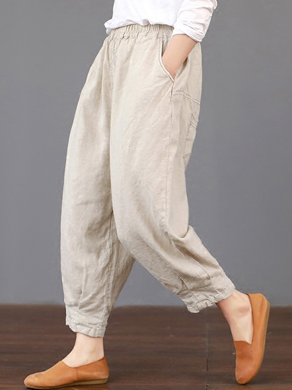 Solid Color Elastic Waist Loose Cotton Pants - TD Mercado