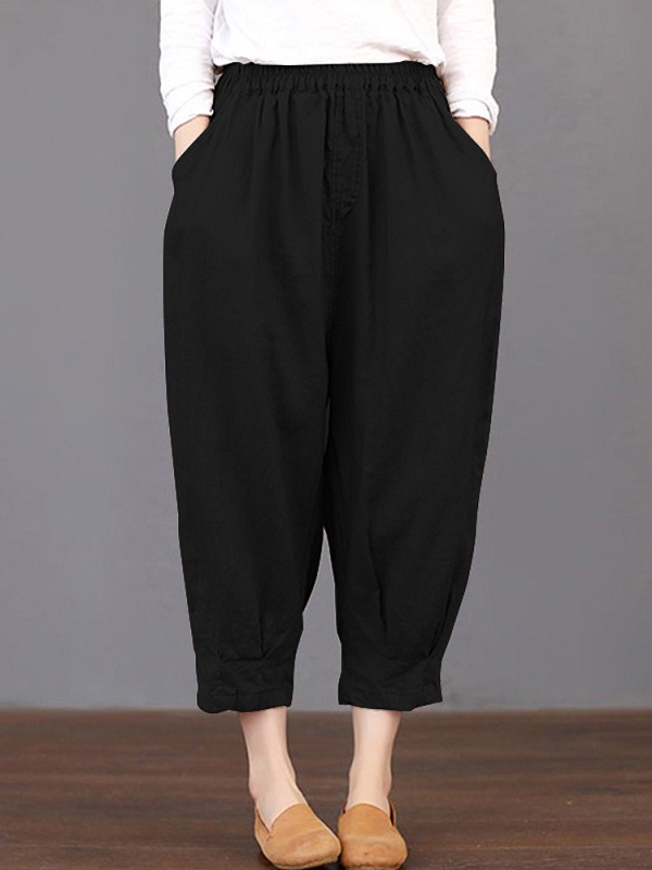 Solid Color Elastic Waist Loose Cotton Pants - TD Mercado