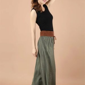 Vintage Drawstring High Waist Wide leg Large Hemlines Cotton Pants