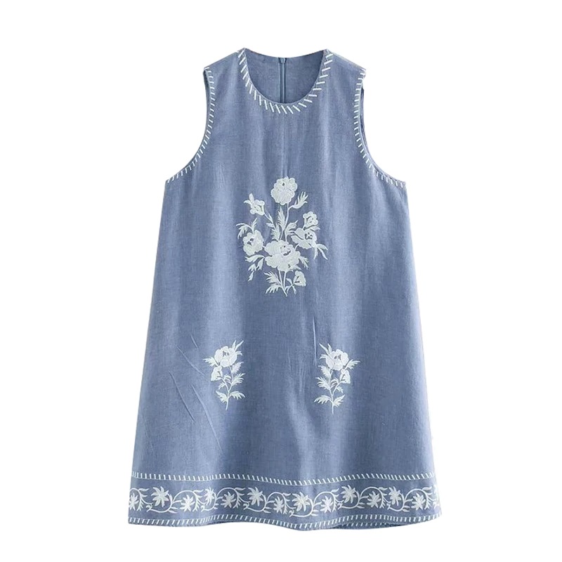 Vintage O Neck Embroidery Loose Mini Dress - Image 2
