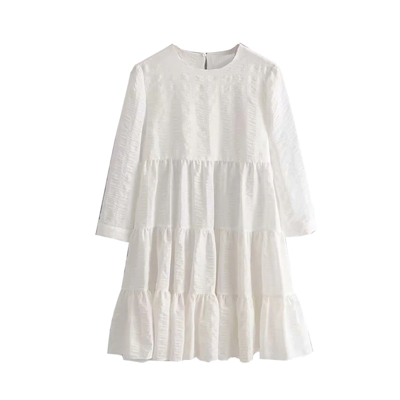 Casual Pleated O Neck Three Quarter Sleeve Mini Dresses - Image 2