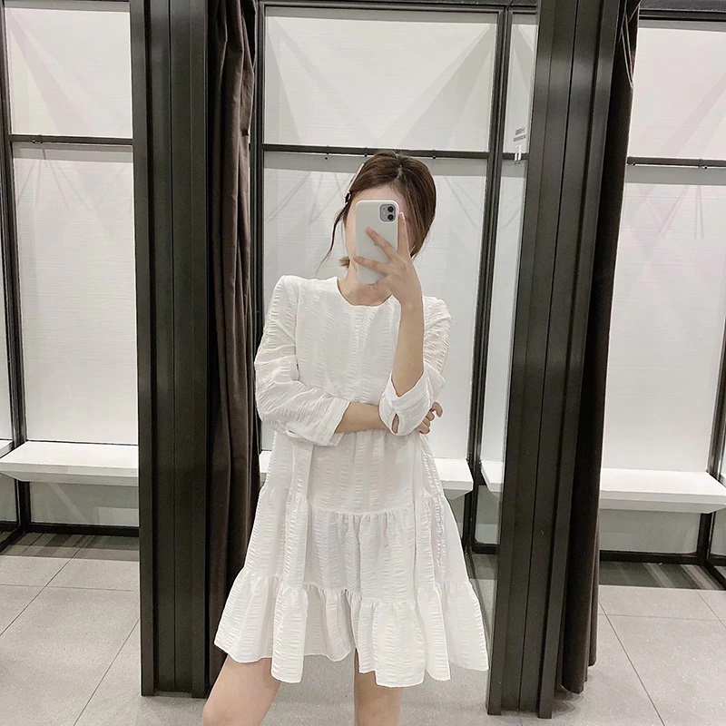 Casual Pleated O Neck Three Quarter Sleeve Mini Dresses