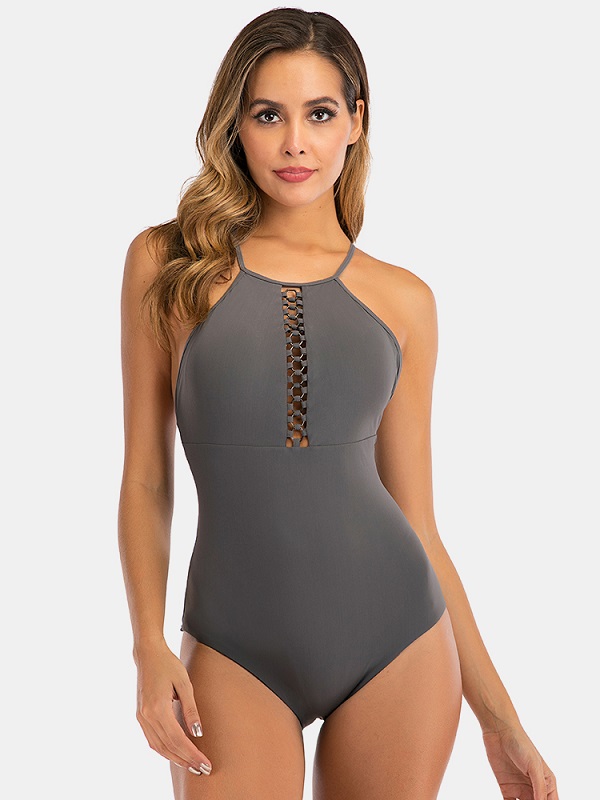 Criss Cross Drawstring Hollow Solid Swimwear