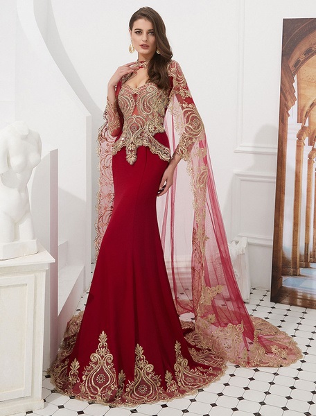 Embroidered Beaded Queen Anneneck Long Sleeve Formal Gowns With Cloak - Image 13