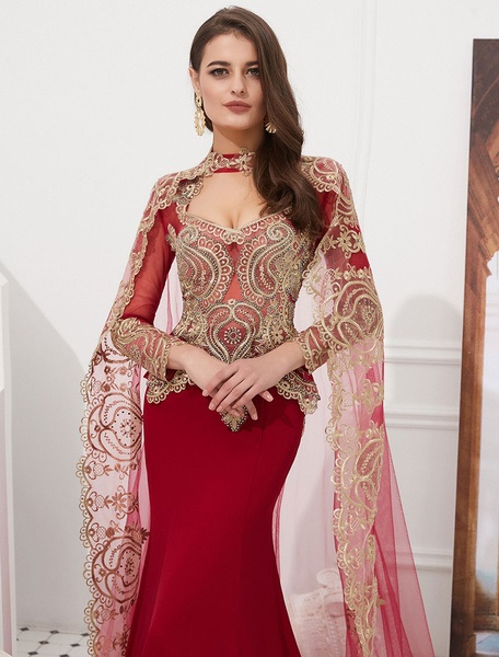 Embroidered Beaded Queen Anneneck Long Sleeve Formal Gowns With Cloak - Image 15