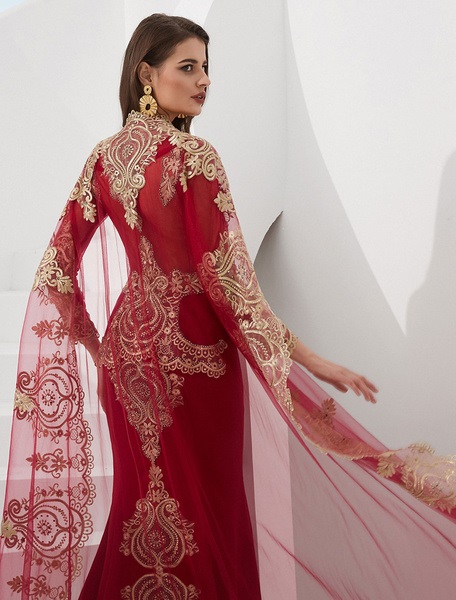 Embroidered Beaded Queen Anneneck Long Sleeve Formal Gowns With Cloak - Image 16