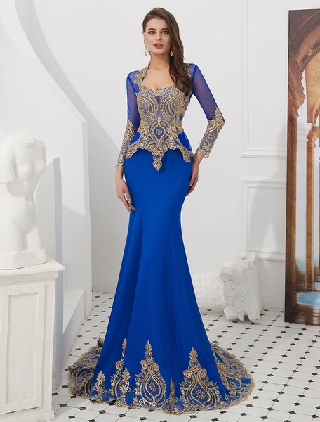 Embroidered Beaded Queen Anneneck Long Sleeve Formal Gowns With Cloak - Image 18