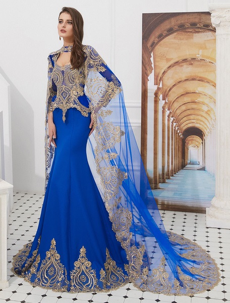 Embroidered Beaded Queen Anneneck Long Sleeve Formal Gowns With Cloak - Image 20