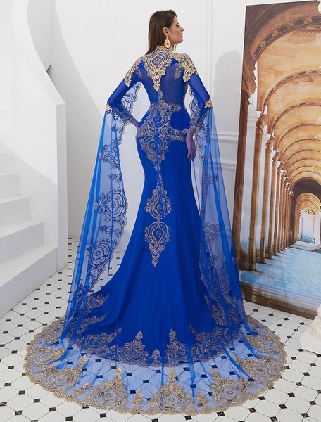 Embroidered Beaded Queen Anneneck Long Sleeve Formal Gowns With Cloak - Image 21