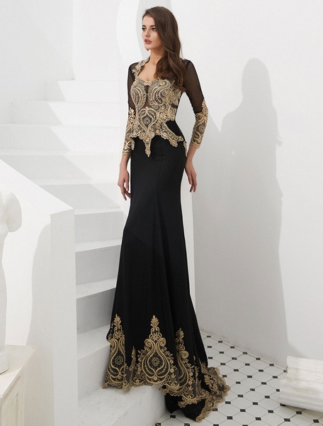 Embroidered Beaded Queen Anneneck Long Sleeve Formal Gowns With Cloak - Image 3