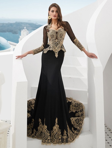 Embroidered Beaded Queen Anneneck Long Sleeve Formal Gowns With Cloak - Image 5