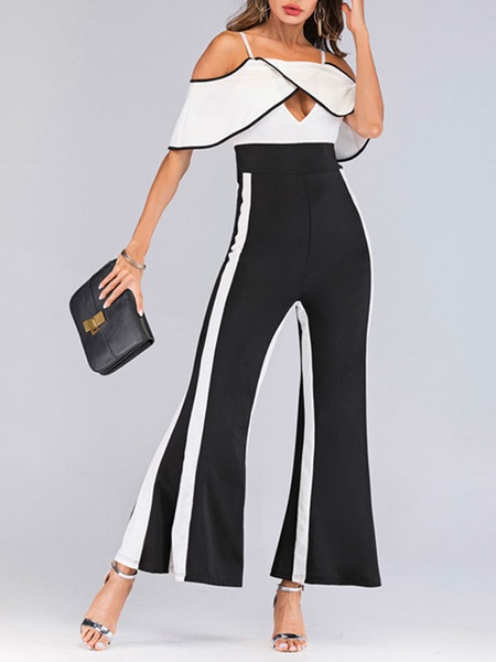 Abetteric Womens Drape Up Chest Wrapped Cold Shoulder Strap Bell-Bottoms Jumpsuit Trousers