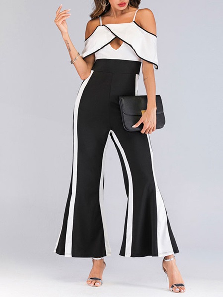 Flare Leg Two Tone Ruffle Cut Out Bell Bottom Jumpsuit - TD Mercado