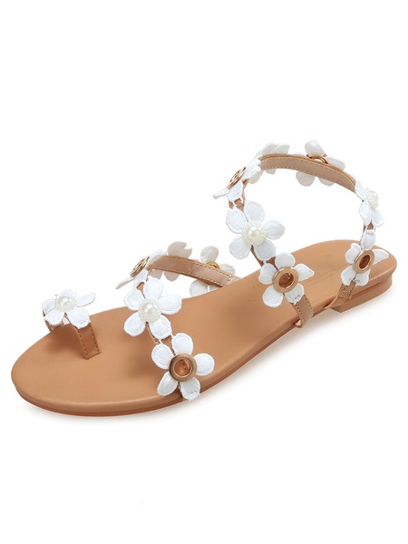 Flat Sandals Toe Loop Flowers Detail Strappy Beach Sandal Shoes - TD ...