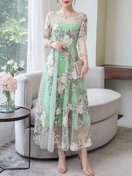 Floral Embroidered Long Sleeves Maxi Dress - TD Mercado