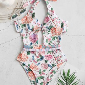 Floral Halter Criss Cross Backless Swimwear