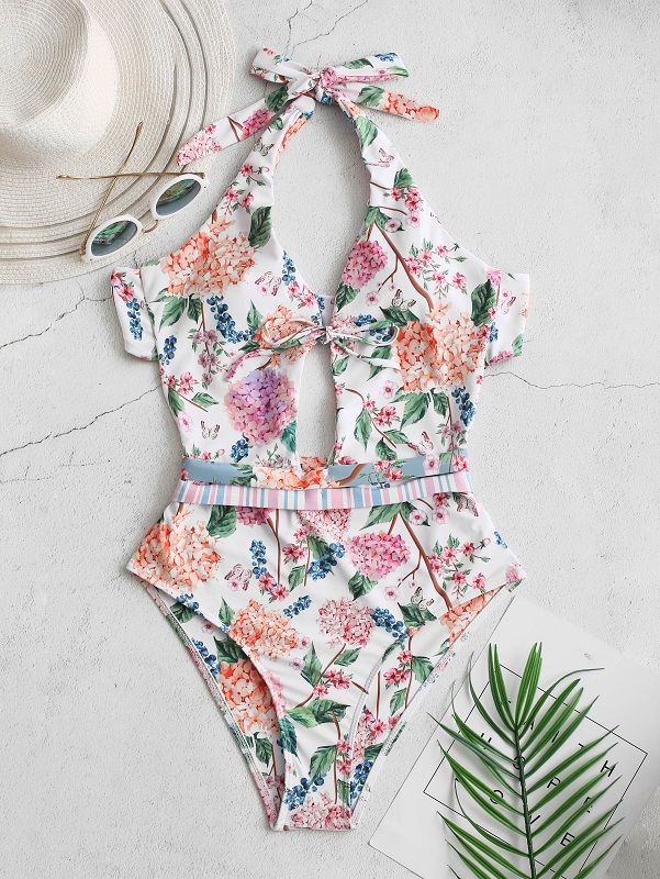 Floral Halter Criss Cross Backless Swimwear - TD Mercado