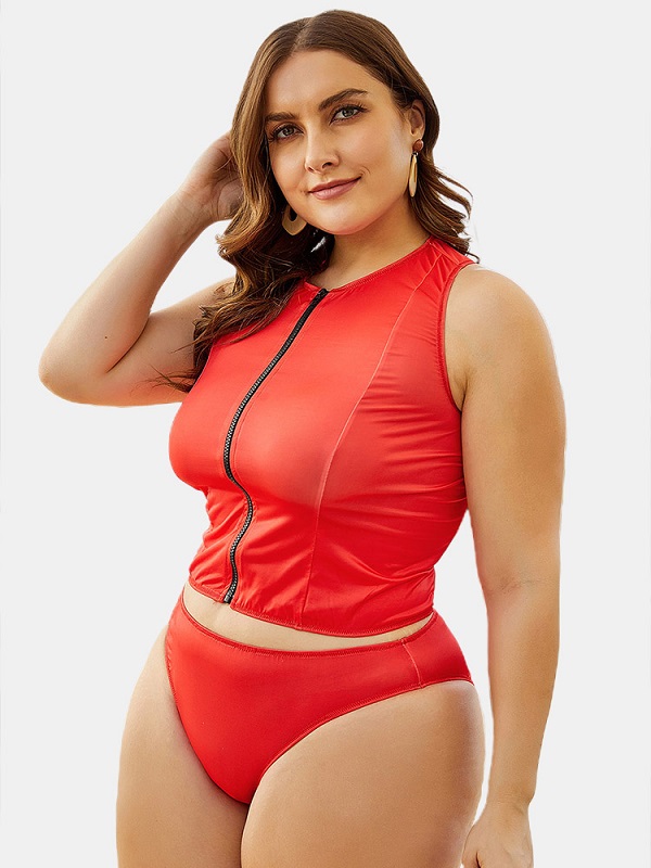 Front Zip Up Mid Waist Bottoms Bikini - Image 2