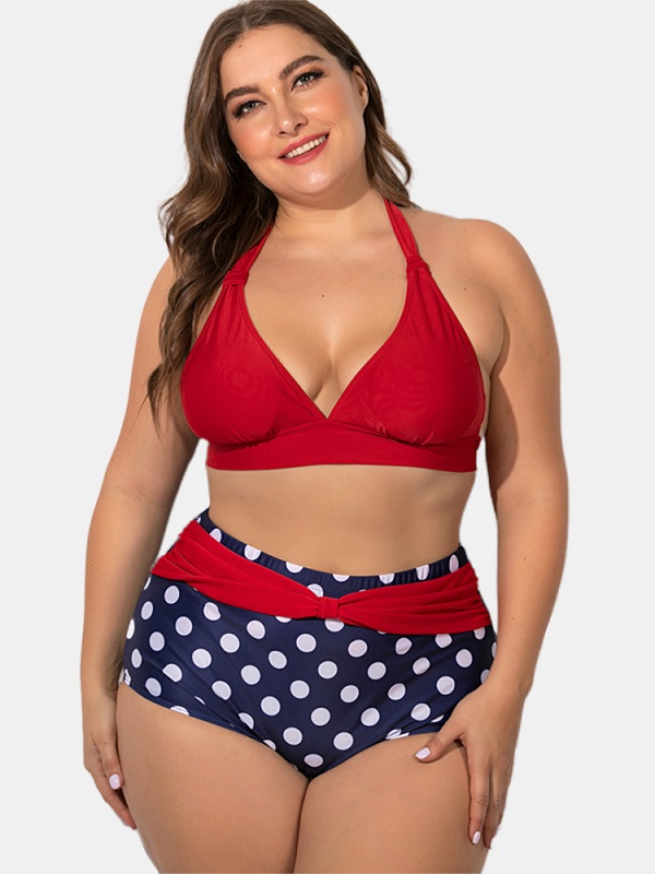 Halter Lace-up High Waist Polka Dot Bottoms Bikini