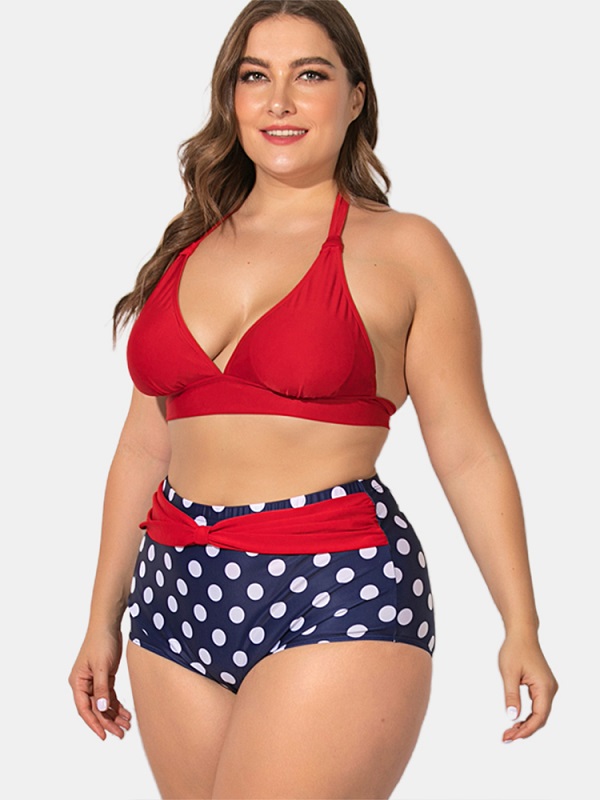 Halter Lace-up High Waist Polka Dot Bottoms Bikini - Image 2