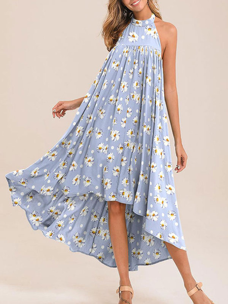 High Low Floral Sleeveless Backless Boho Beach Dress - Image 4