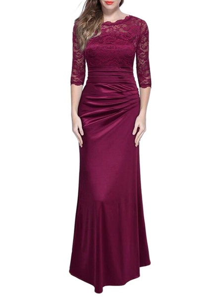 Maxi Dresses Half Sleeves Jewel Neck Polyester Floor Length Dress
