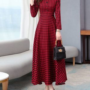 Plaid Maxi Dresses Long Sleeves Swing Dress