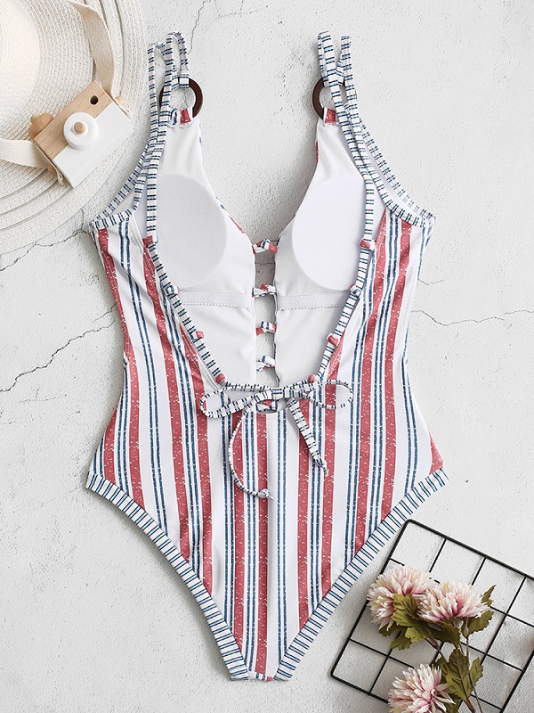 Print Deep Backless Hot Stripe Swimwear - Image 2
