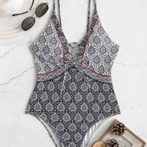 Printed Spaghetti Straps Drawstring High Leg Swimwear